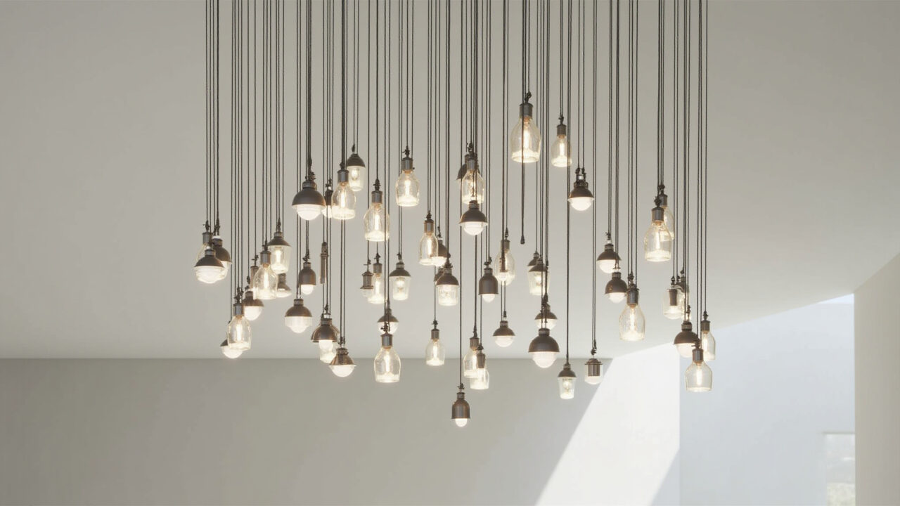 Pendant lights in cascade effect, metal and glass materials, double height space, modern design, Lustres pendentes com efeito cascata em espaço de pé direito duplo.