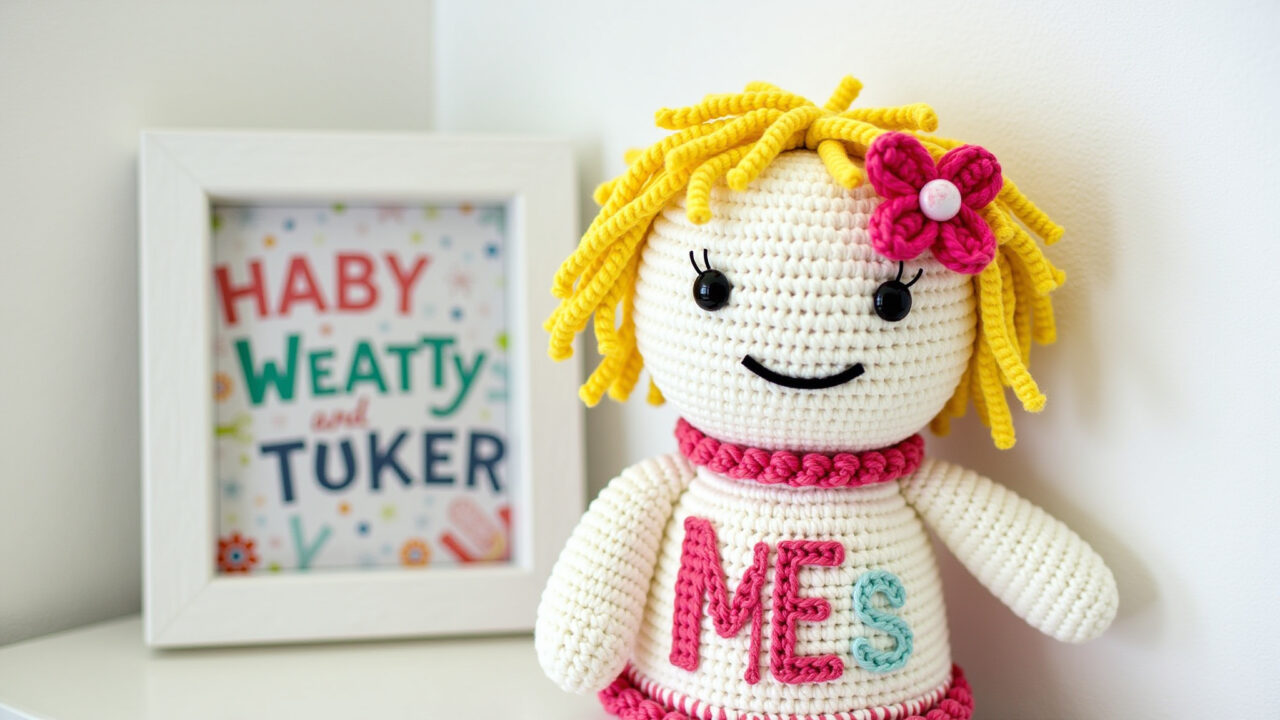 Personalized amigurumi with baby's initial, fun font, cheerful colors, nursery decor, soft yarn, Amigurumi personalizado com a inicial do nome do bebê.