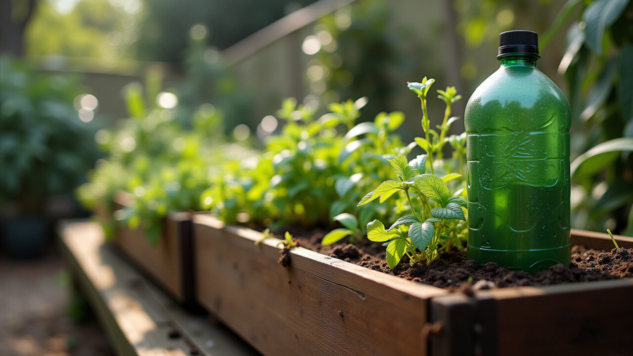 Sistema de jardinagem com garrafas PET para ervas e vegetais.