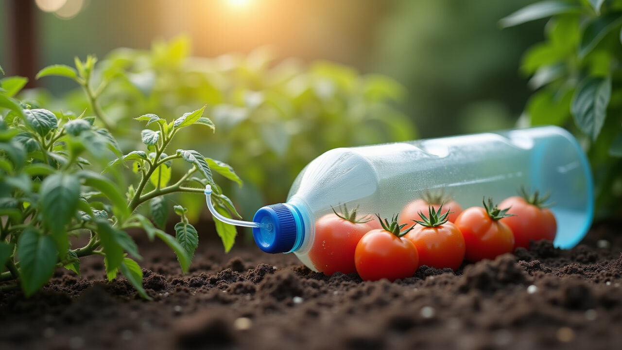 Sistema de irrigação feito com garrafa PET para plantas de tomate.