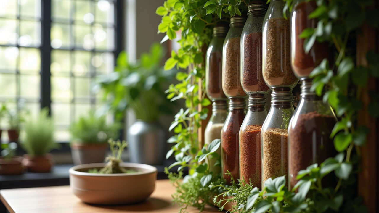 Jardim vertical feito com garrafas PET em cozinha brasileira.