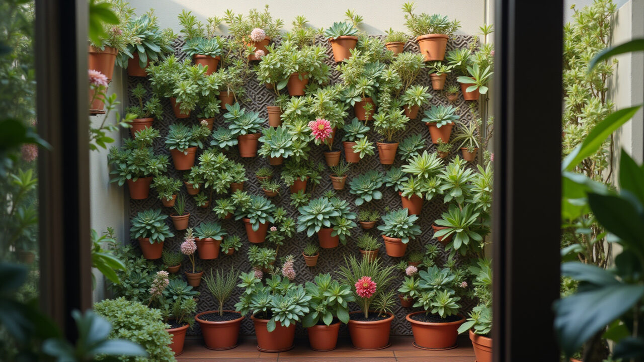 Jardim de parede feito com garrafas PET com suculentas e flores.