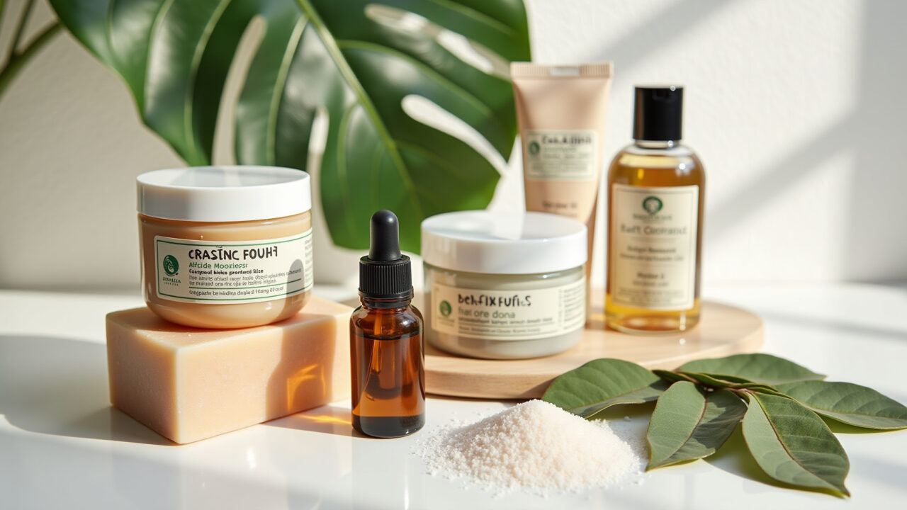 Kit de beleza e bem-estar com produtos naturais e aromas relaxantes.