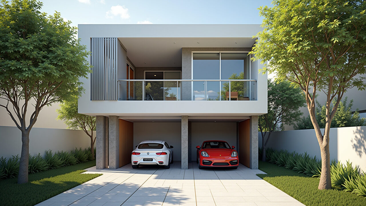 Photo of a double height garage, showcasing ample space, natural light, and a modern car. Brazilian Garagem com pé direito duplo, espaçosa e iluminada.