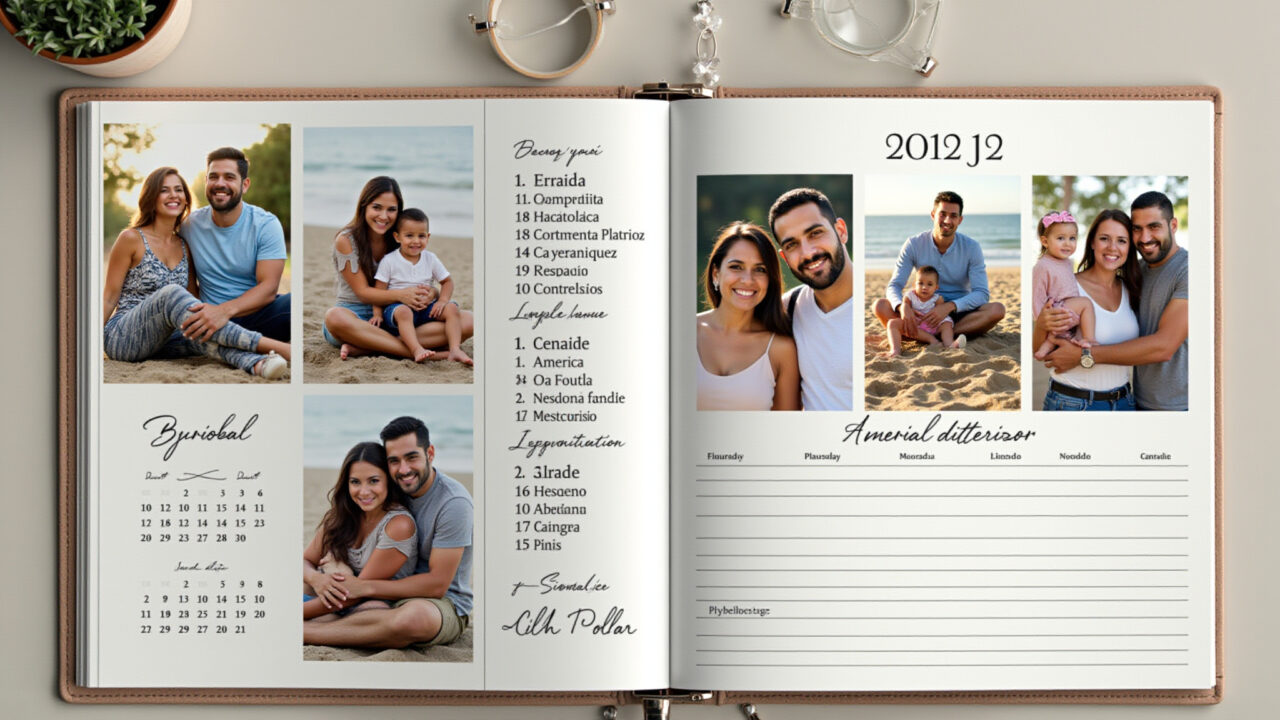 Agenda ou calendário personalizado com fotos da família e mensagens inspiradoras.