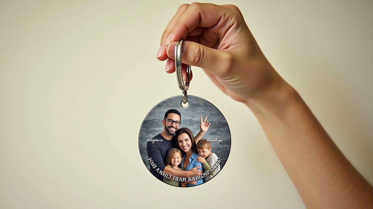 Chaveiro personalizado com foto da família ou mensagem carinhosa.