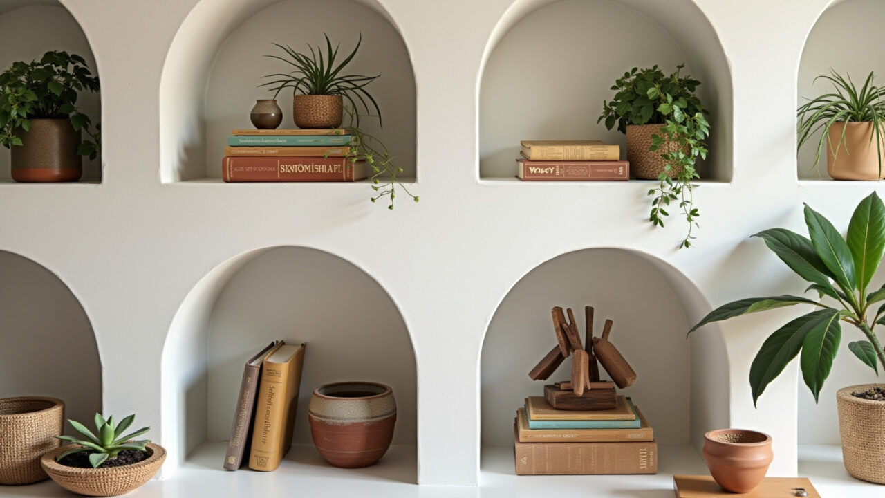 Nichos de gesso organizando livros e plantas.
