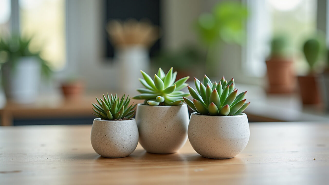 Cachepots de gesso com suculentas.