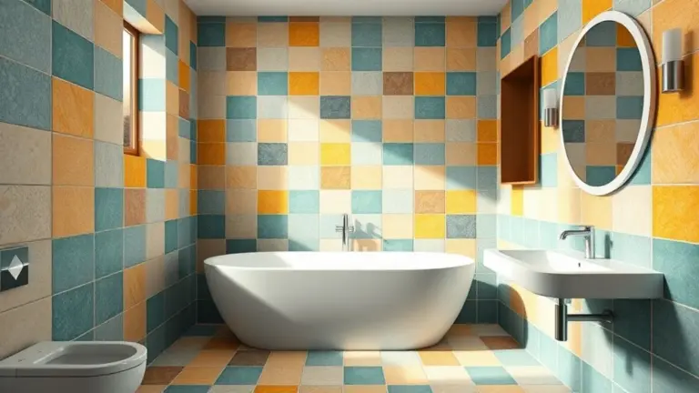 Banheiro estiloso com azulejos geométricos coloridos, design moderno e vibrante.