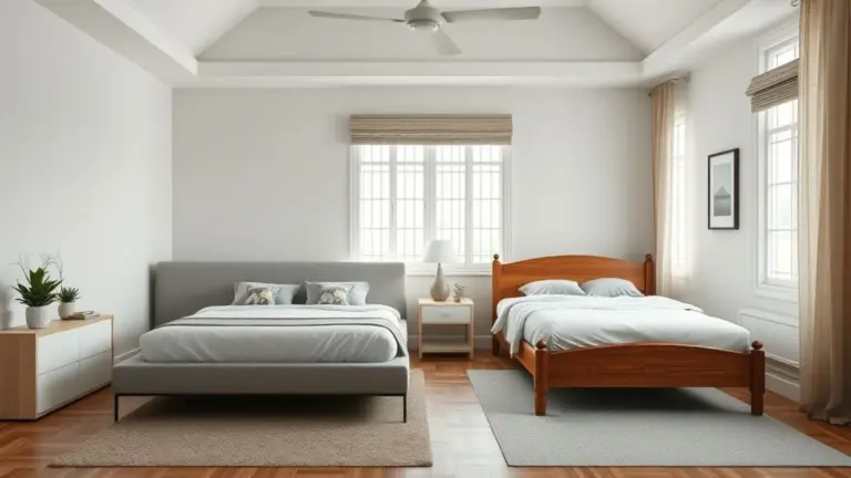 Quarto com cama box moderna e cama tradicional de madeira lado a lado.