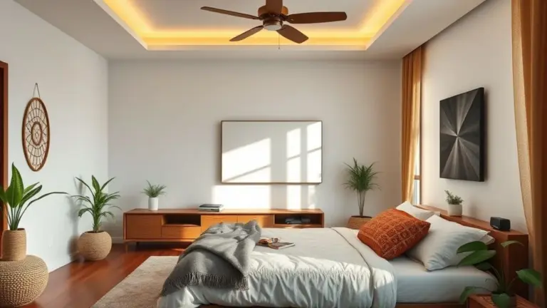 Quarto com painel de TV moderno, decoração brasileira vibrante e aconchegante.