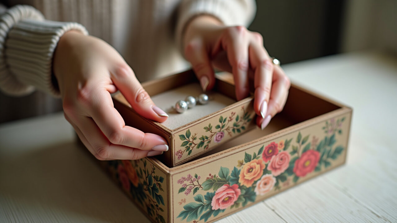 Mãos femininas organizando joias em porta joias de MDF com decoupage floral.