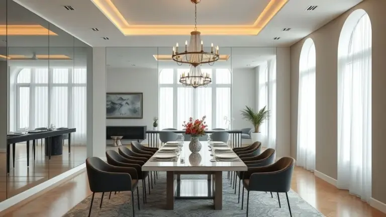 Sala de jantar com parede de espelho ampliando e iluminando o espaço, design brasileiro.