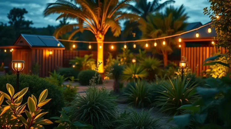 Jardim iluminado por luzes solares ao entardecer, criando um ambiente acolhedor e sustentável.
