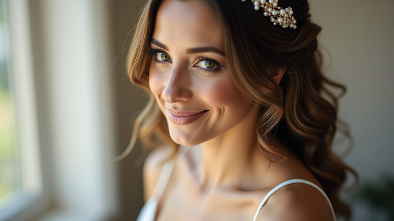 Photorealistic image of a bride with loose wavy hair, delicate pearl tiara, natural makeup, soft Noiva de cabelo solto e ondulado com tiara de pérolas.