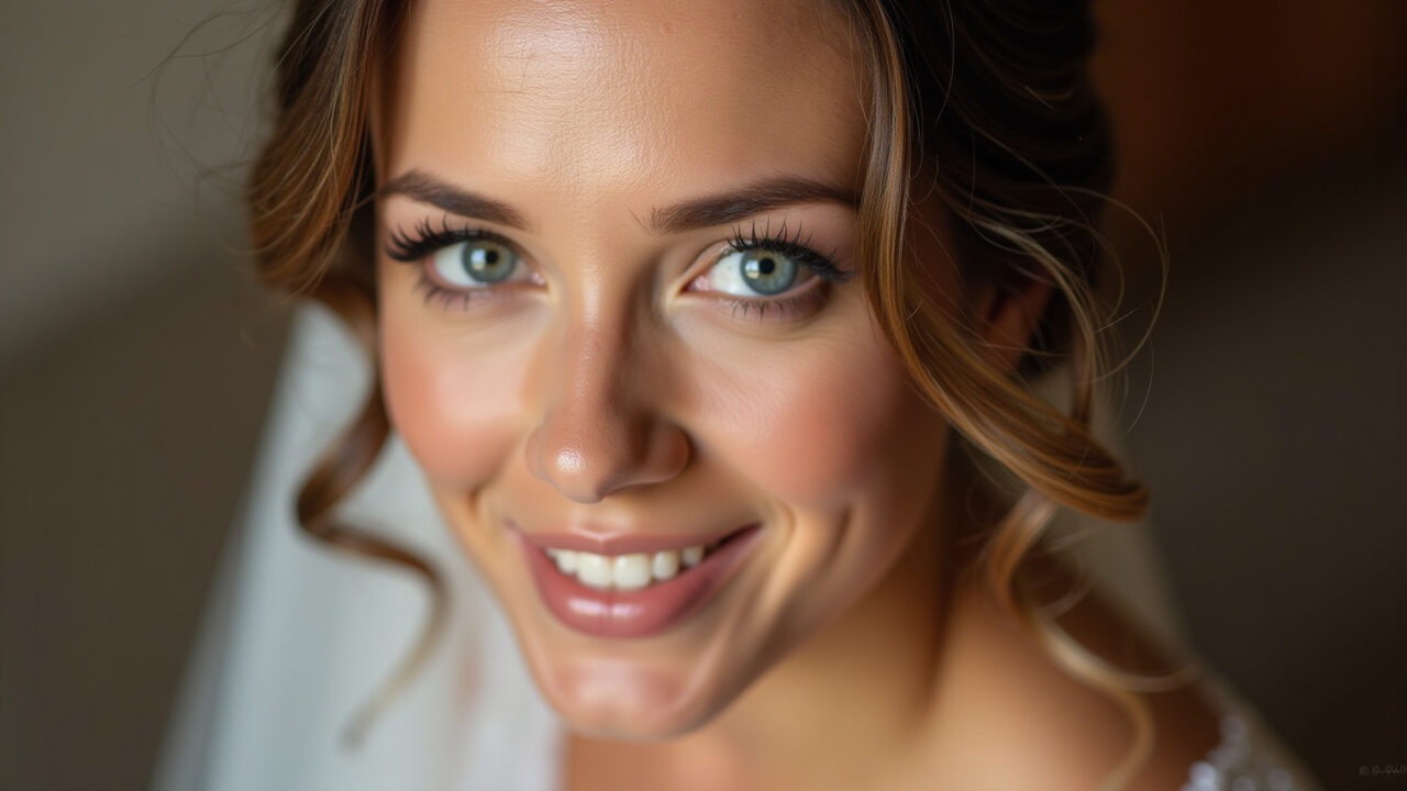 Photorealistic image of a bride with radiant, natural makeup for an afternoon wedding in a Maquiagem natural e radiante para noiva em casamento à tarde em chácara.