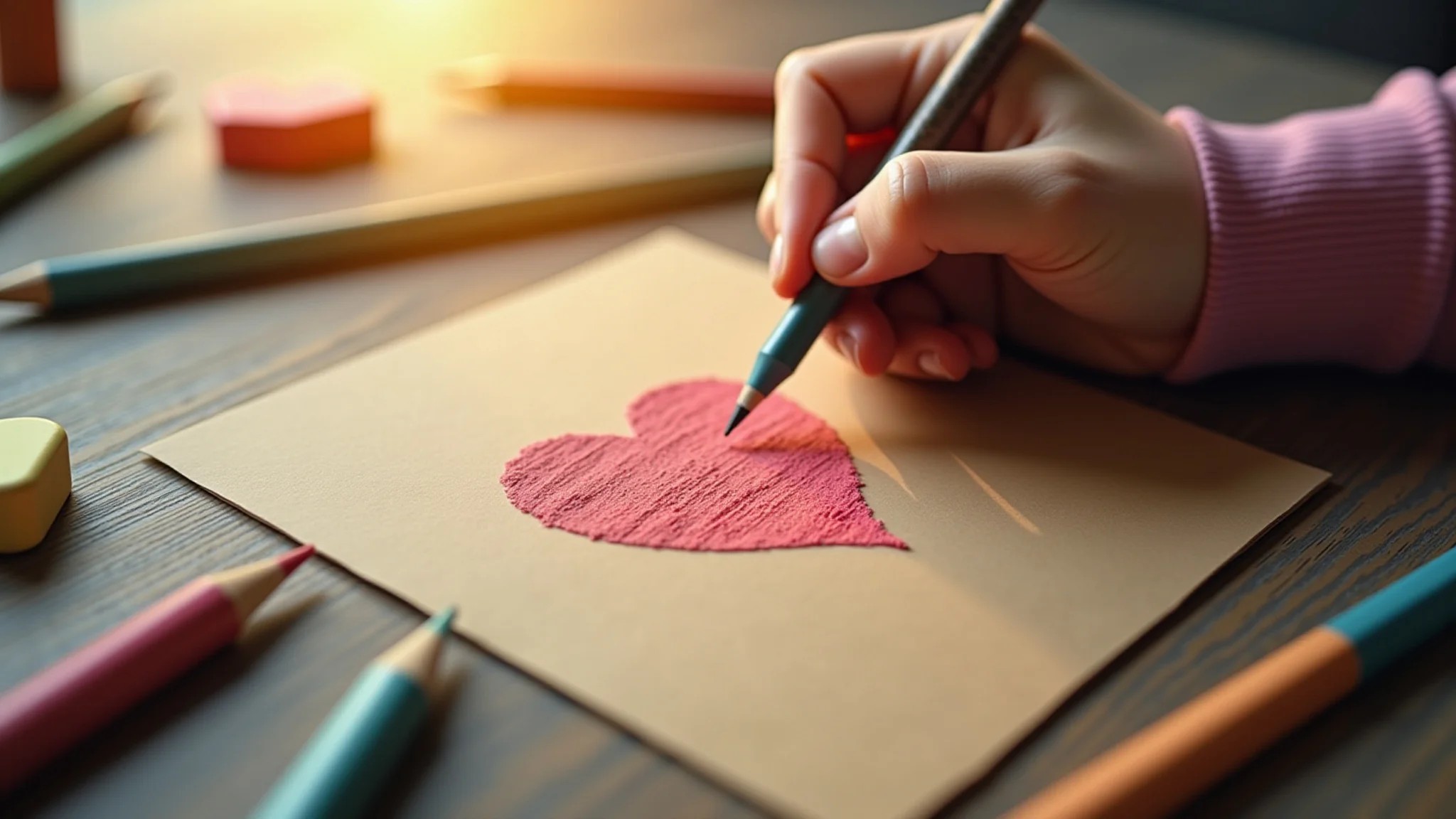 Mão desenhando um coração em papel kraft, cercada por lápis coloridos e borrachas.