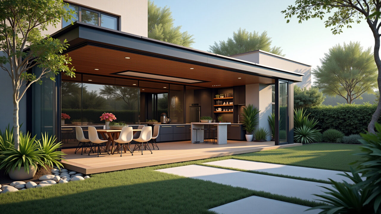 Photorealistic image of a modern Brazilian varanda enclosed with glass, featuring a gourmet Varanda gourmet com churrasqueira fechada com vidro.