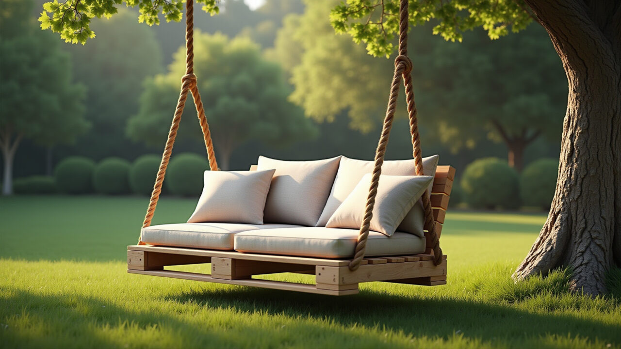 Photorealistic image of a pallet swing hanging from a tree in a lush garden, featuring soft Balanço de pallet relaxante em jardim verdejante.