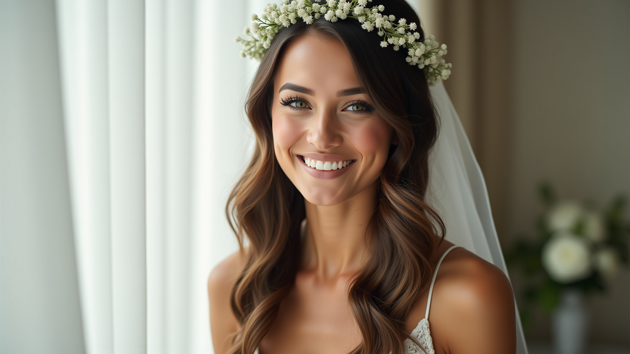 Noiva brasileira sorrindo com cabelo solto e ondulado, coroa de flores.