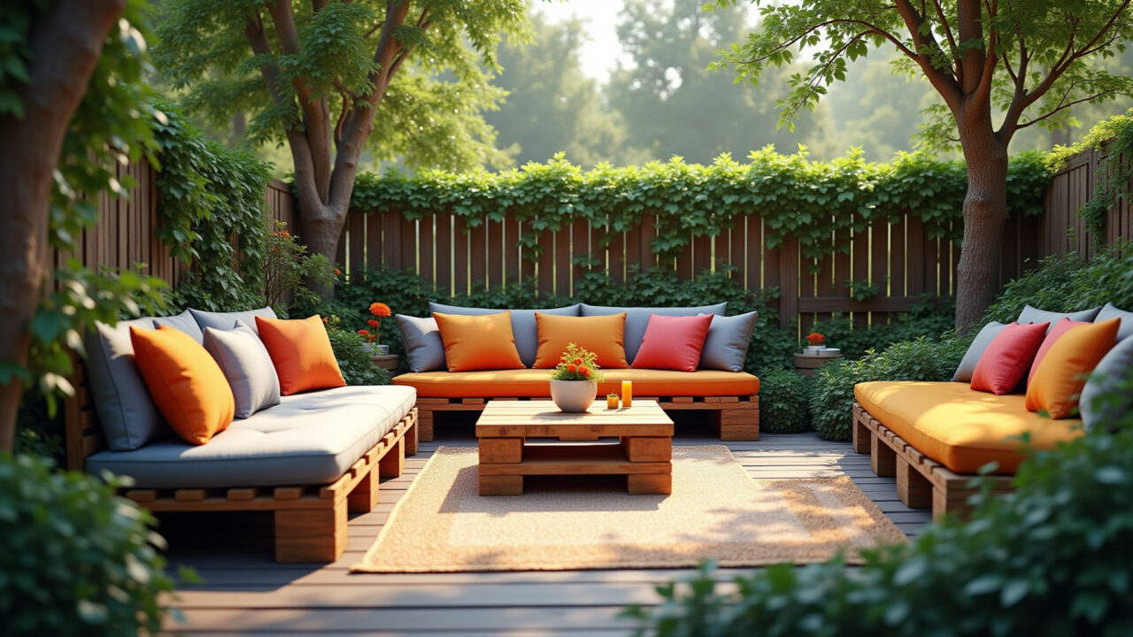 Photorealistic image of a vibrant garden with furniture made from repurposed wooden pallets, Jardim vibrante com móveis de pallets reutilizados.