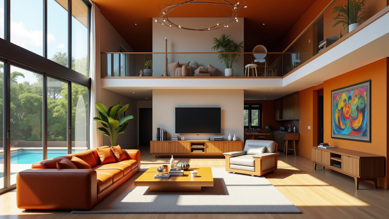 Photorealistic interior of a living room featuring a double-height ceiling and a mezzanine, Sala de estar com pé direito duplo e mezanino em design brasileiro.