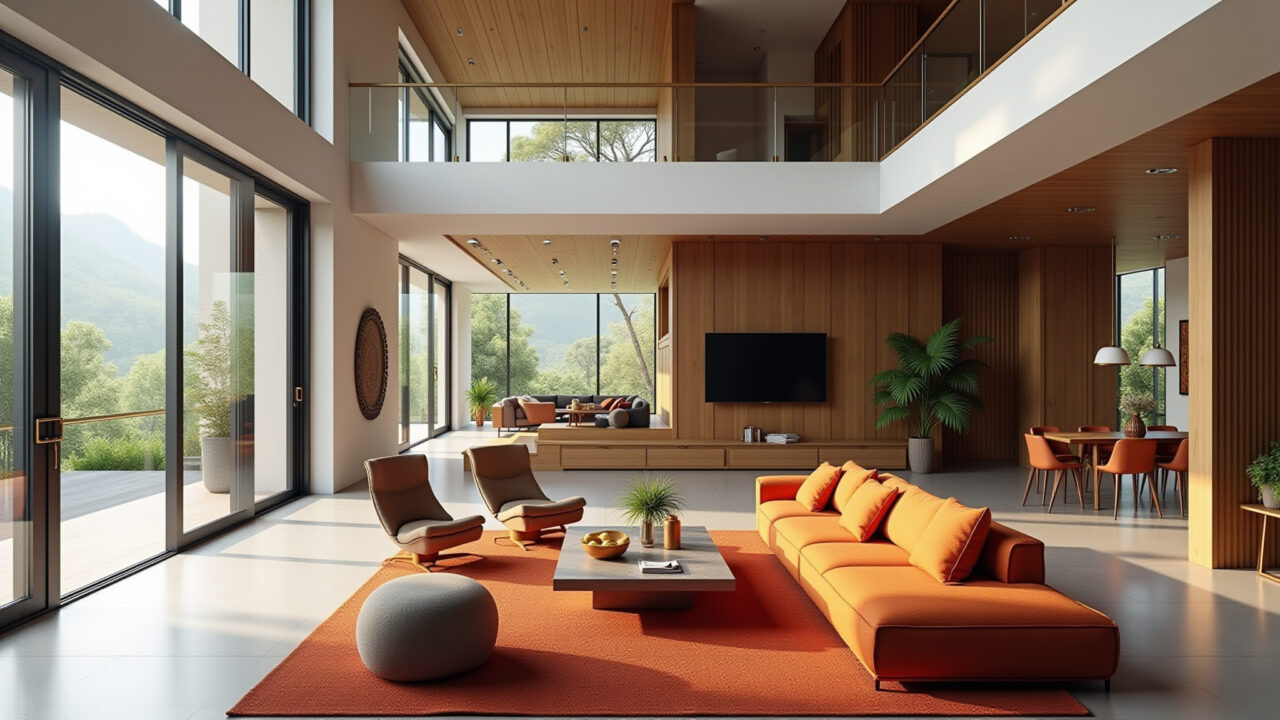 Photorealistic interior of a modern living room with a double-height ceiling, large windows, Sala de estar moderna com pé direito duplo e iluminação natural abundante.