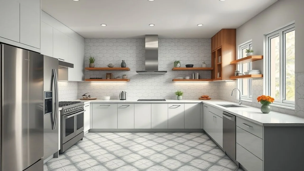 Cozinha moderna com revestimento 3D geométrico e eletrodomésticos de inox.