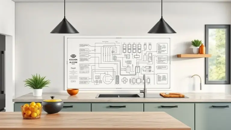 Diagrama de projeto elétrico em cozinha brasileira moderna e colorida.