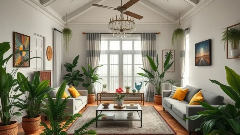 Sala de estar vibrante com plantas artificiais realistas e decoração brasileira.