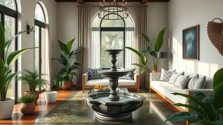 Sala de estar com fonte de água decorativa, estilo brasileiro, luz natural e plantas.