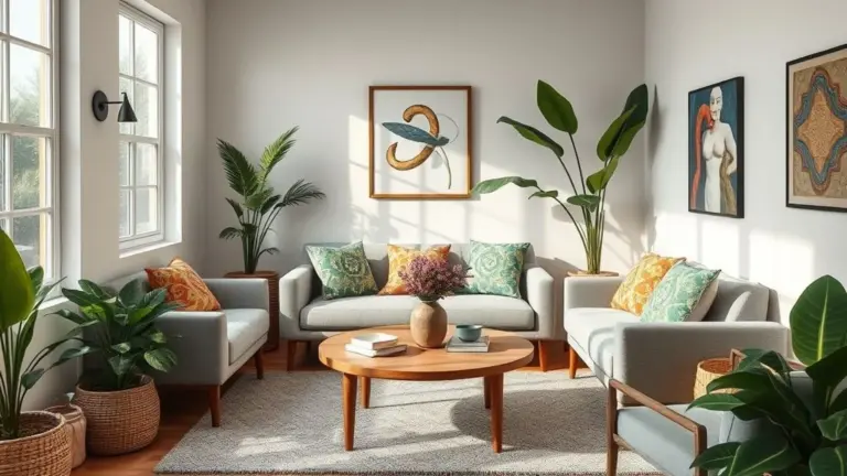 Mesa de centro redonda em sala pequena, estilo brasileiro, com almofadas coloridas e plantas.