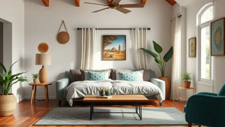 Sala com sofá-cama aberto, pronto para hóspedes, decoração brasileira.