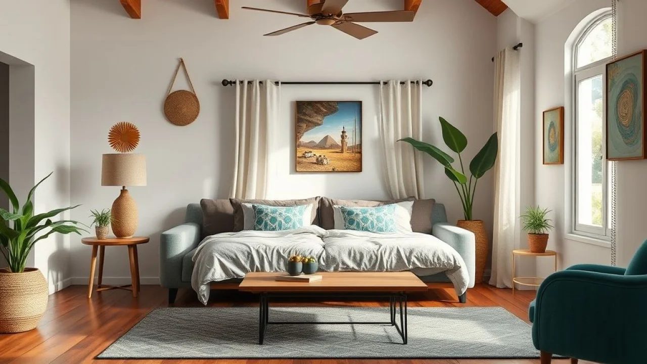 Sala com sofá-cama aberto, pronto para hóspedes, decoração brasileira.