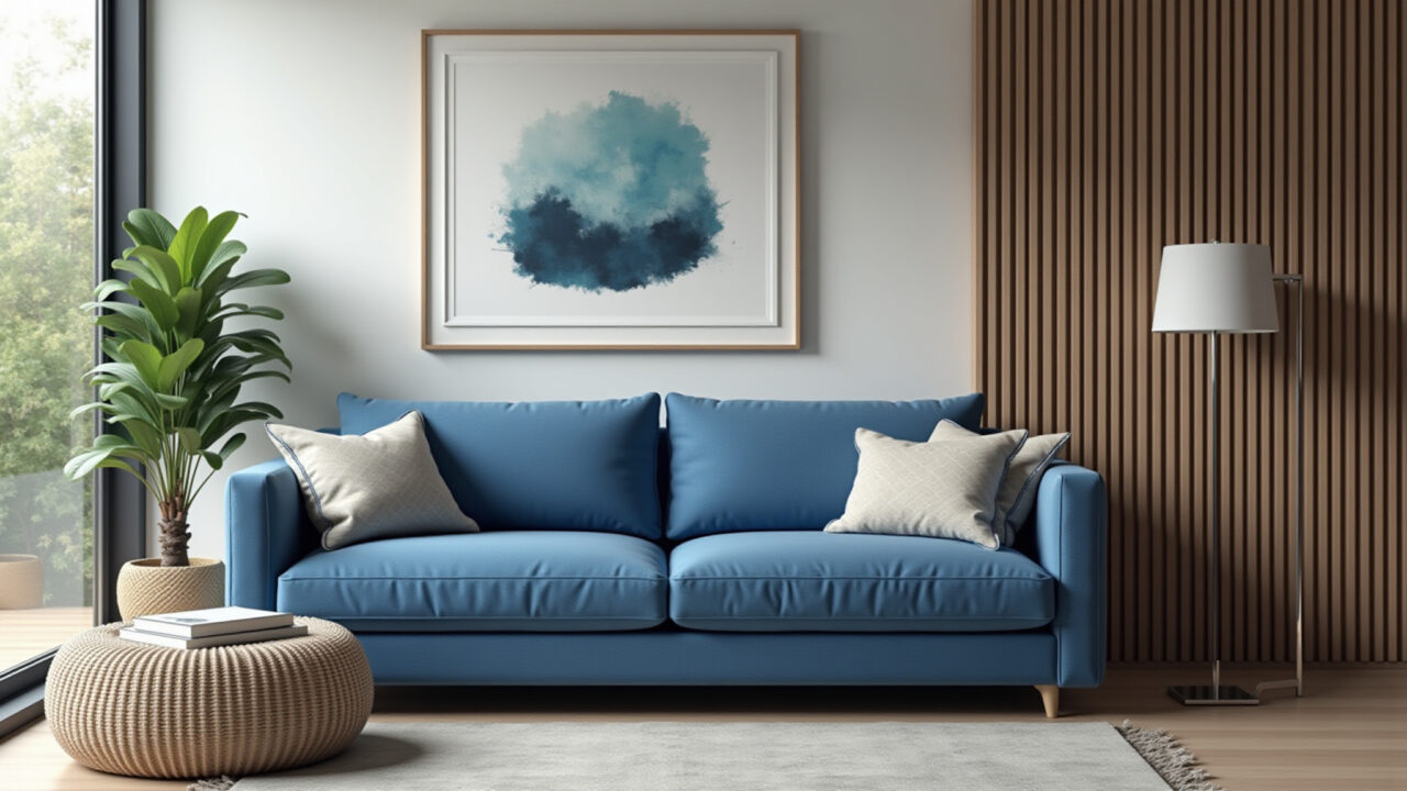 Sala com poltrona azul e detalhes em madeira.