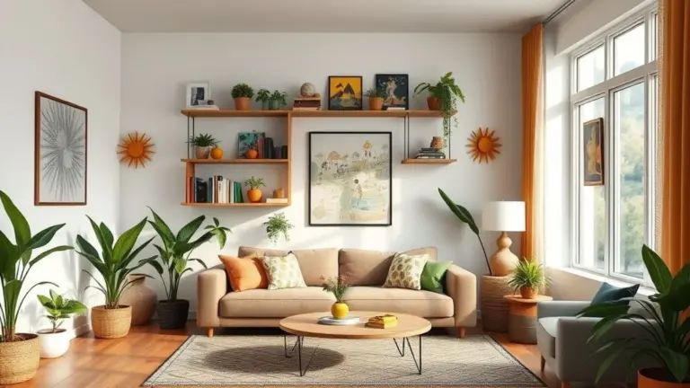 Sala de estar com estante criativa, design brasileiro, decoração colorida e plantas.