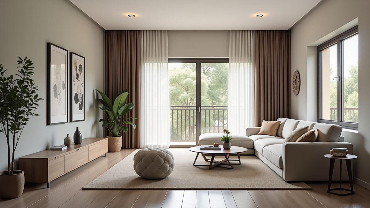 Photorealistic living room with double-height curtains, natural light, elegant design, Brazilian Elegante sala de estar com cortinas para pé direito duplo.