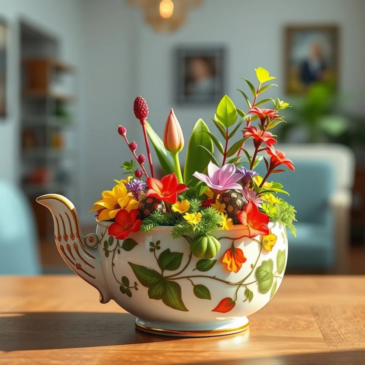 Mini jardim charmoso em bule de porcelana antigo, decoração brasileira vibrante.