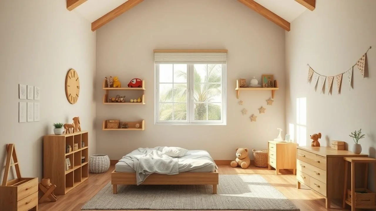 Quarto montessoriano fotorrealista com cama baixa, brinquedos de madeira e prateleiras acessíveis.