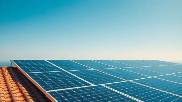 Painéis solares em telhado brasileiro, energia solar residencial, dia ensolarado.
