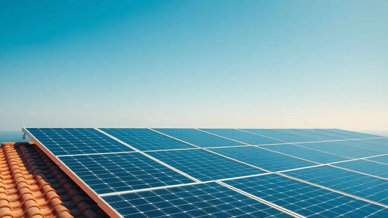 Painéis solares em telhado brasileiro, energia solar residencial, dia ensolarado.