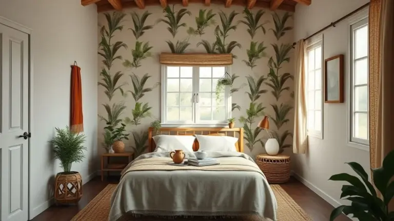 Quarto pequeno com parede de destaque em papel de parede estilo Farm Rio, iluminado naturalmente.