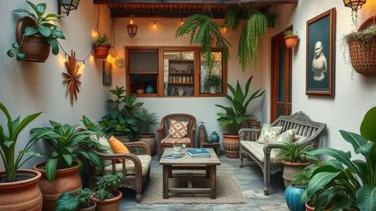 Pequeno pátio brasileiro decorado com móveis reciclados, plantas coloridas e iluminação aconchegante.