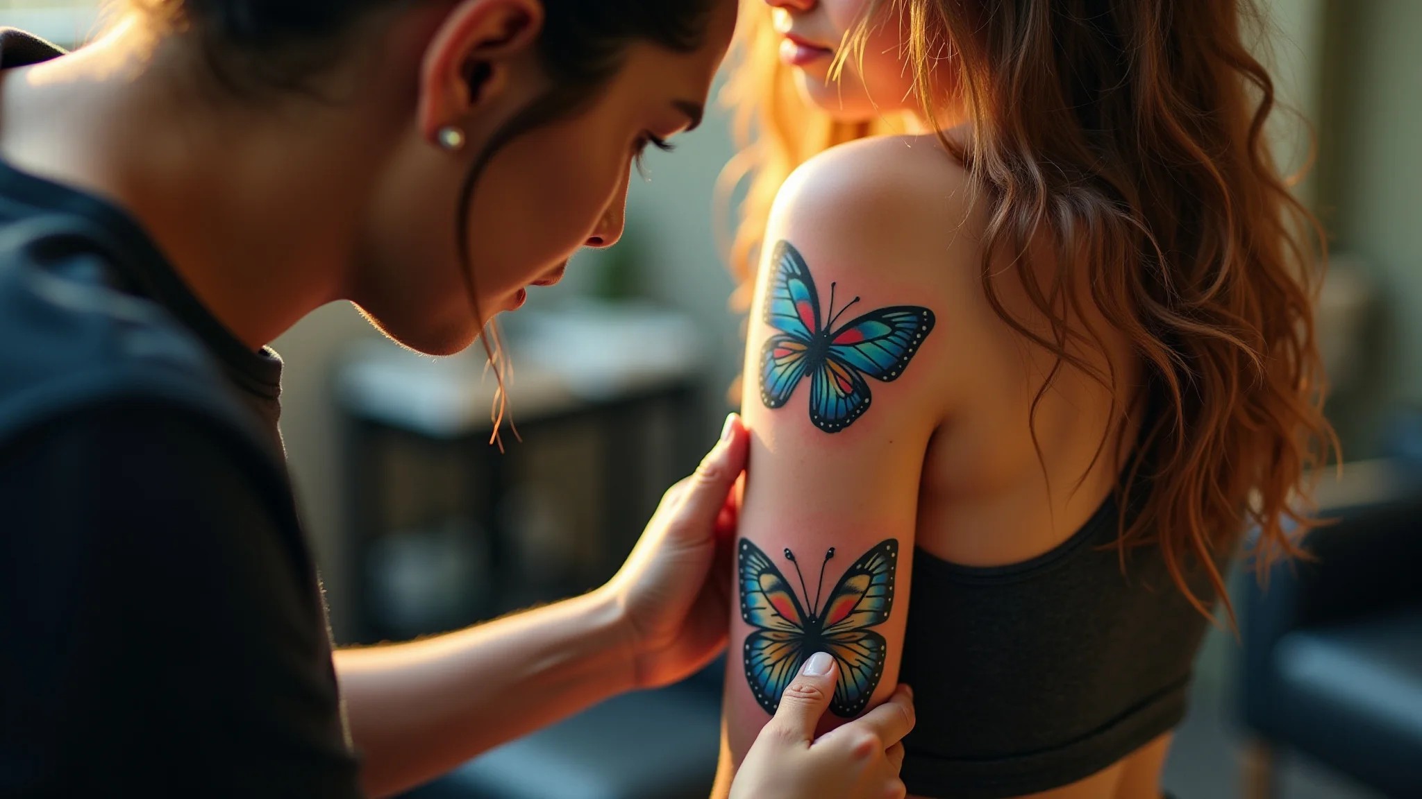 Tatuador aplicando tatuagem de borboleta colorida no braço de uma jovem em estúdio brasileiro.