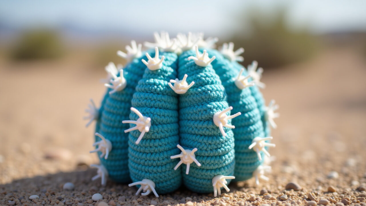 Pilosocereus Azureus cactus amigurumi, blue color, white crochet spines, desert background, natural Amigurumi de cacto Pilosocereus Azureus azul.