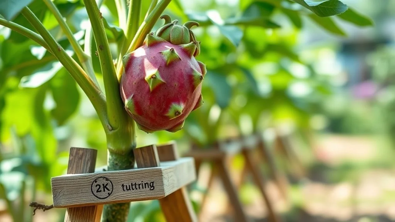 Pitaya plant growing on a wooden support structure in a Brazilian garden, professional agricultural Planta de pitaya crescendo em suporte de madeira em jardim brasileiro.