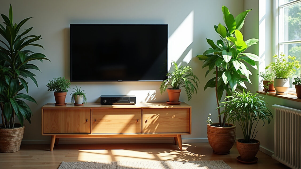 Plantas trazendo vida para sala de TV brasileira, suculentas e samambaias.