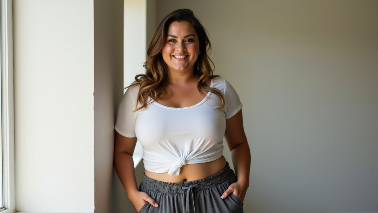 Mulher plus size com calça slouchy valorizando as curvas.