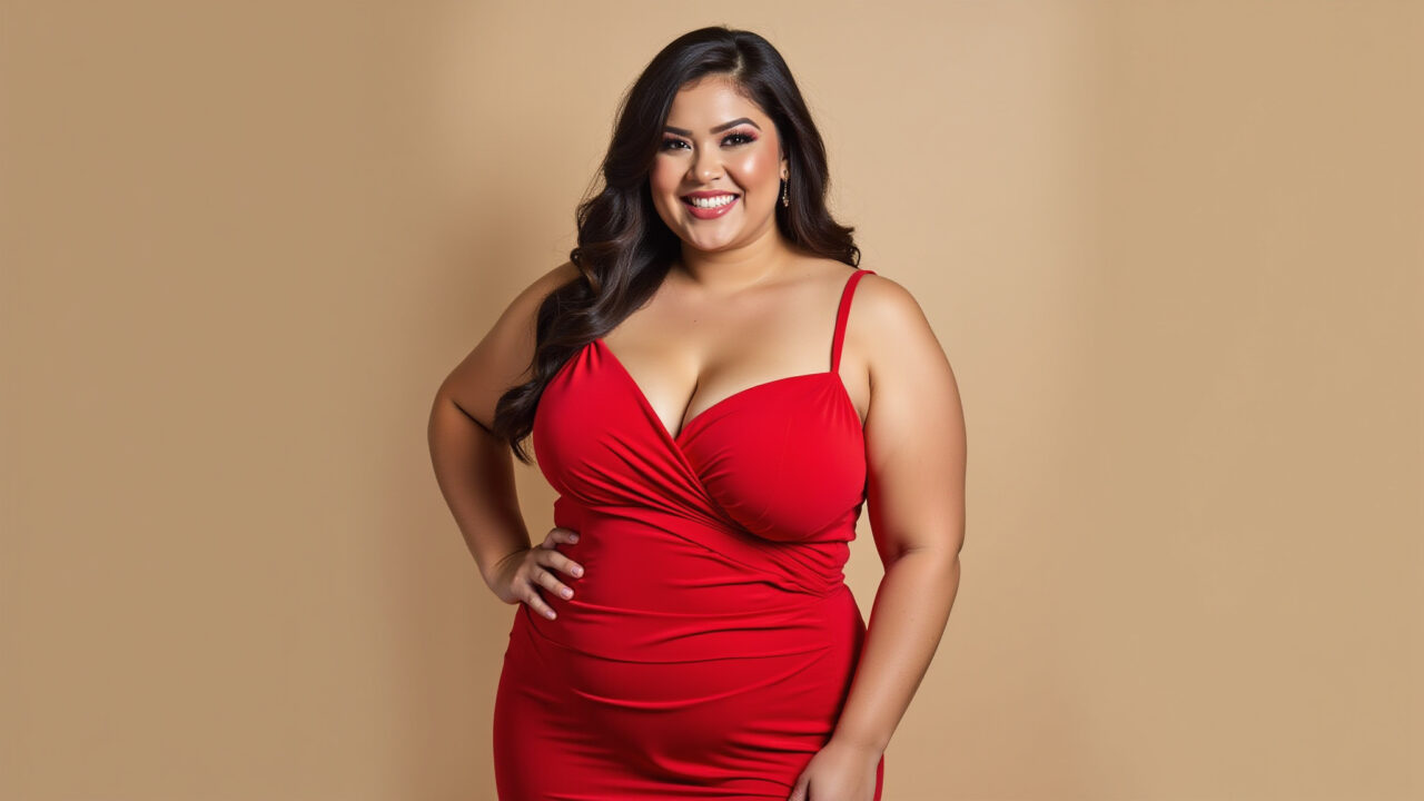 Mulher plus size confiante em vestido vermelho valorizando suas curvas.