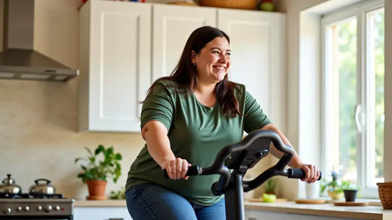 Mulher plus size feliz pedalando bicicleta ergométrica em casa.
